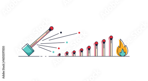 Concept of domineering effect through falling dominoes of matches lighting up in sequence