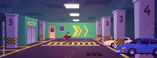 Urban underground parking robbery scene, vector flat transport garage in basement building, walking thief with steal bag