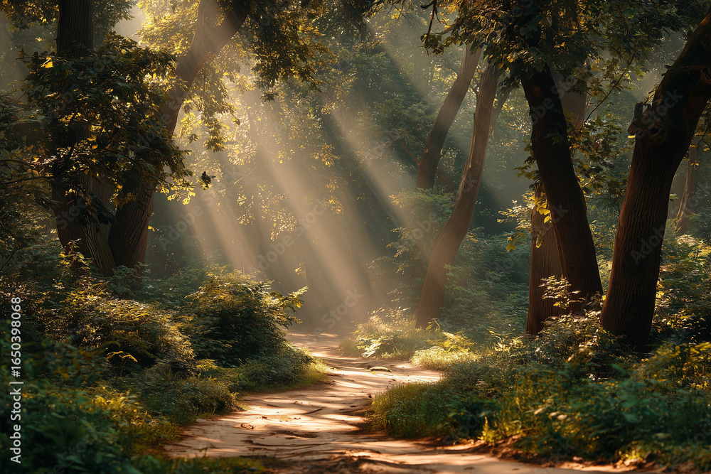 Obraz premium Realistic photo of a peaceful forest path with golden sun rays piercing through tall trees, symbolizing mindfulness, inner clarity, peace, emotional healing,nature photography