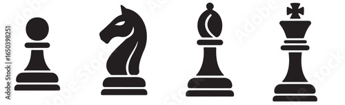Four chess pieces in black silhouette including pawn knight bishop and king on a white background