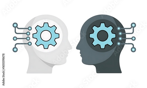 Artificial intelligence and machine learning concept featuring human head silhouettes with gear mechanisms representing cognitive processes and data connectivity