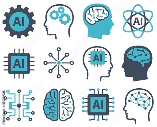 Artificial Intelligence Icons Collection Displaying Machine Learning Concepts and Neural Network Illustrations for Technological Advancement and Digital Transformation Solutions