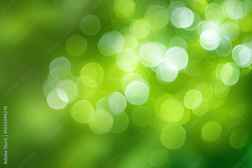 Obraz premium Abstract white bokeh and light spots gently moving through a vibrant green background create a dreamy visual experience in a natural setting