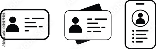 Three black and white icons representing identification cards and a smartphone profile ID card mobile