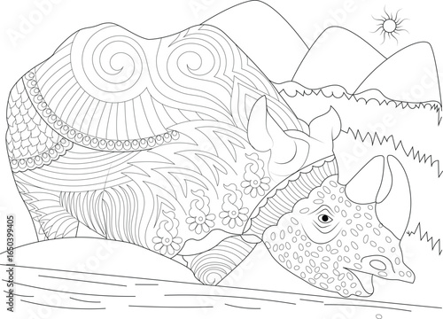 Majestic Rhino Adult Coloring Page, Detailed Animal Line Drawing, Therapeutic Art, Wildlife Illustration for Creative Design.