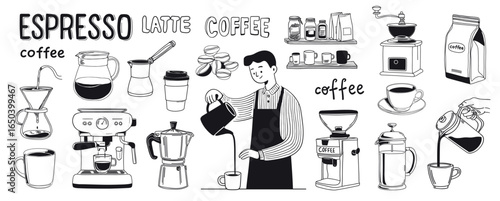 Doodle ink coffee hand-drawn set. Cosy aesthetic. Barista pouring hot drink, moka, coffee maker, french press, cezve vector illustration