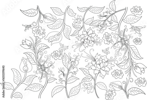 Detailed botanical line drawing with whimsical flowers, swirling leaves, and charming bees, ideal for mindful coloring.