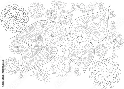 Detailed abstract floral line art for adult coloring, promoting relaxation, mindfulness, and stress relief. Intricate patterns for therapeutic zen art.