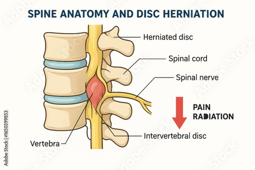 A spine anatomy diagram showing herniated disc compressing spinal nerves, with pain radiation illustrated by directional arrows in bold color.
