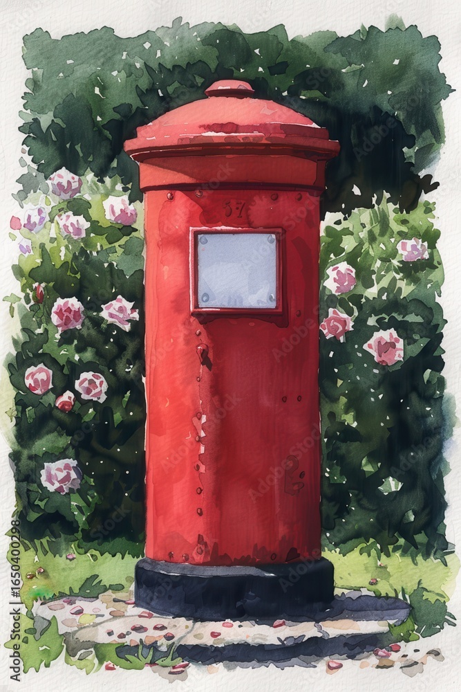 The Red Postbox: A vivid painting of a classic red postbox set amidst a vibrant garden, capturing the charm of a bygone era. The Red Postbox: A vivid painting of a classic red postbox set amidst a vibrant garden, capturing the charm of a bygone era.