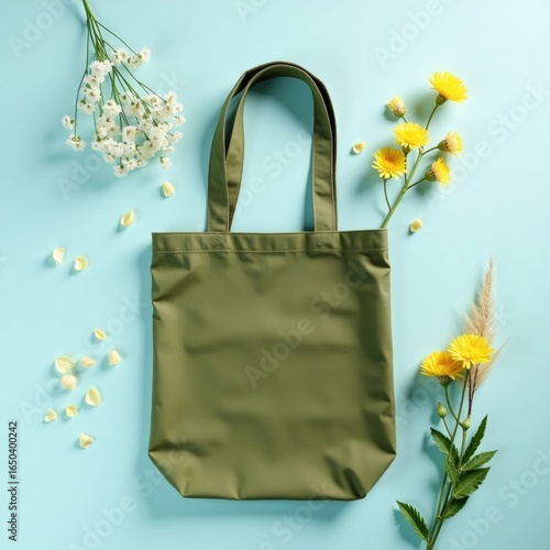 Olive green tote bag surrounded by yellow and white flowers on a light blue surface view from above tote bag mockup