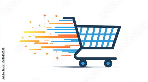 Speedy shopping cart icon with trailing sparks, fast checkout concept