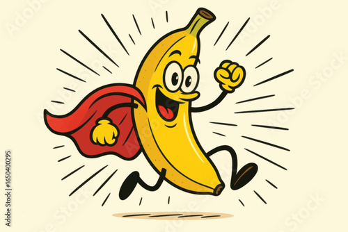 Vector cartoon illustration of a happy banana character wearing a red superhero cape, energetically flying forward with dynamic motion lines.