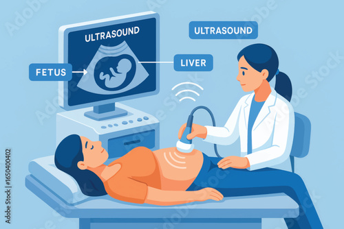 A medical illustration shows a doctor performing an ultrasound scan on a pregnant woman using a transducer to monitor the fetus.