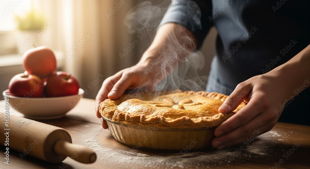Hands lift a freshly baked, steaming apple pie with a golden lattice crust off a flour-dusted wooden table. Hands lift a freshly baked, steaming apple pie with a golden lattice crust off a flour-dusted wooden table.
