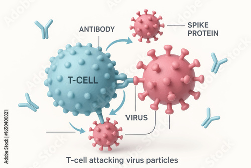 A 3D vector illustration of virus attack with labeled antibodies, T-cells, and spike proteins in an immune system response depiction.