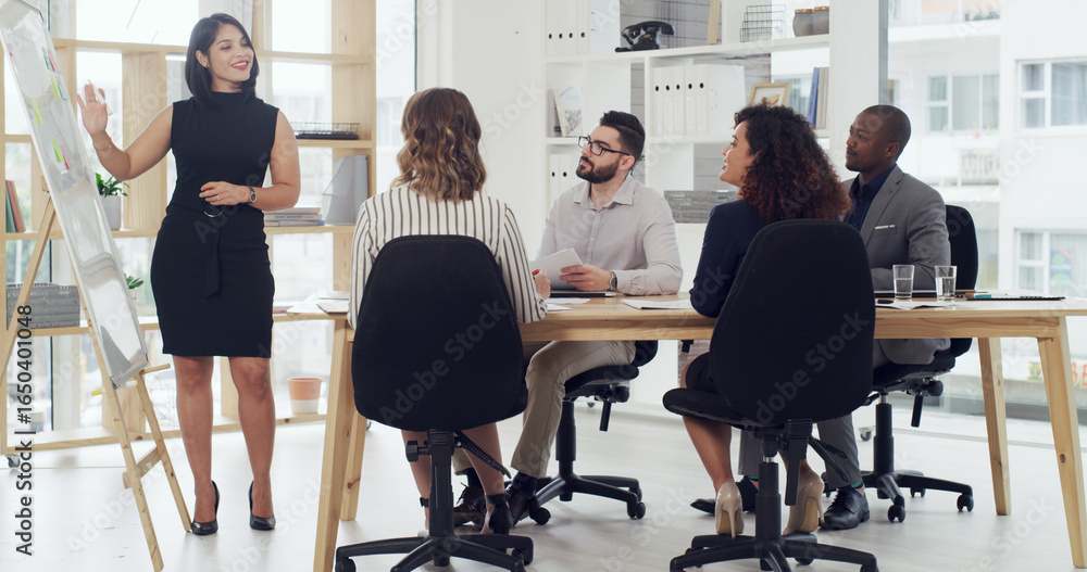 Obraz premium Boardroom, speaker and woman with team, presentation or planning for funding proposal or discussion. Business, people and presenter with whiteboard for strategy, talking and ideas for investment