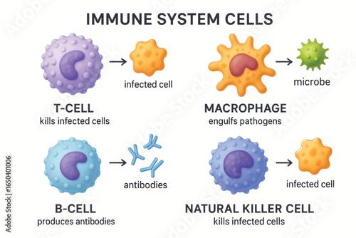 Vector educational chart displaying roles of immune system cells such as T-cell, B-cell, macrophage, and natural killer cell.