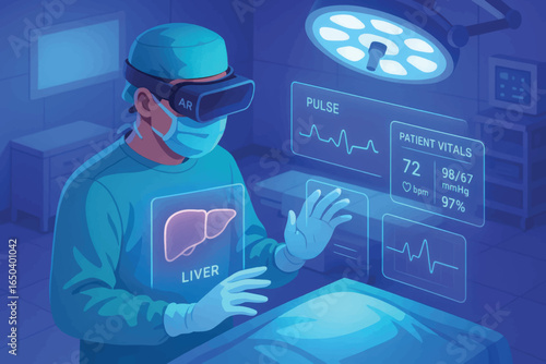 Vector concept showing augmented reality used by a surgeon to monitor liver and vital signs during surgery in a modern operating room.