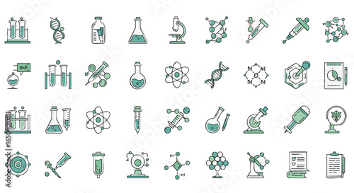 Set of science and research icons in clean and modern design, representing chemistry, biology, and physics concepts, perfect for medical or educational materials