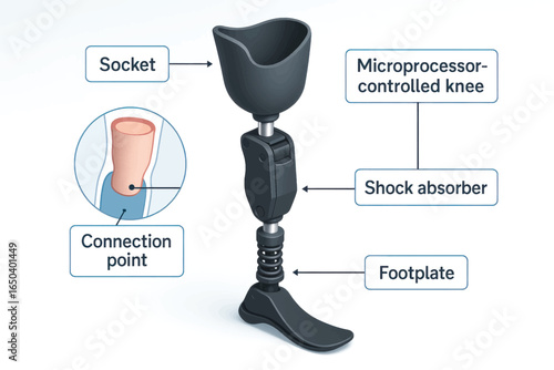 Vector diagram of prosthetic leg showing parts like socket, microprocessor-controlled knee, shock absorber, and foot plate for advanced mobility aid.