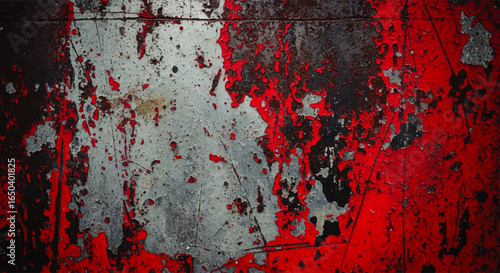 Close-up view of a weathered, red metal surface with peeling paint and dark marks.