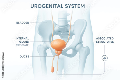 A detailed 3D vector medical diagram of the male reproductive system with labeled anatomy including bladder, urethra, penis, and internal glands.