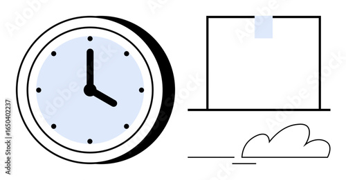 Clock alongside a closed package and a cloud element representing delivery, punctuality, and workflow efficiency. Ideal for logistics, time management, productivity, shipping, organization, planning