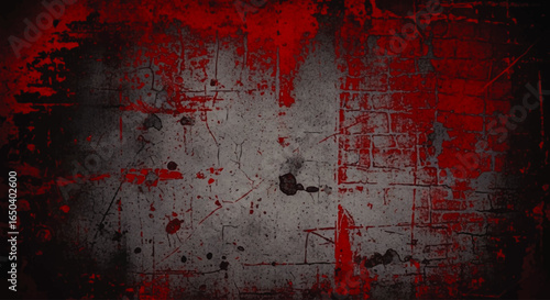 Abstract grunge texture with dark red and gray tones, showing splatters and scratches on a metallic surface.