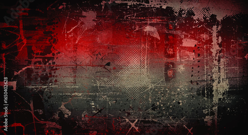 Abstract grunge texture with red and dark tones, layered with faded imagery and markings.