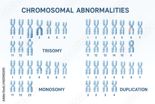 Vector medical illustration of chromosomal abnormalities including trisomy, monosomy, and duplication with clearly labeled chromosomes and numbers.