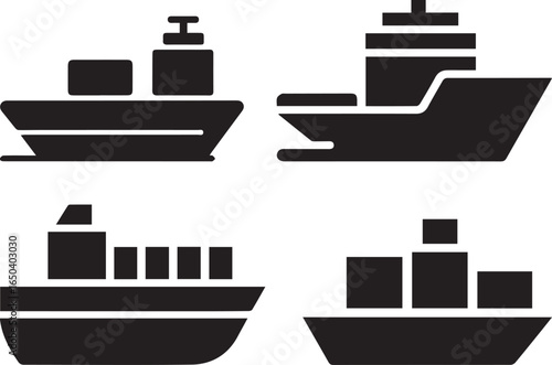 A collection of four flat black vector icons representing different modes of a commercial cargo ship
