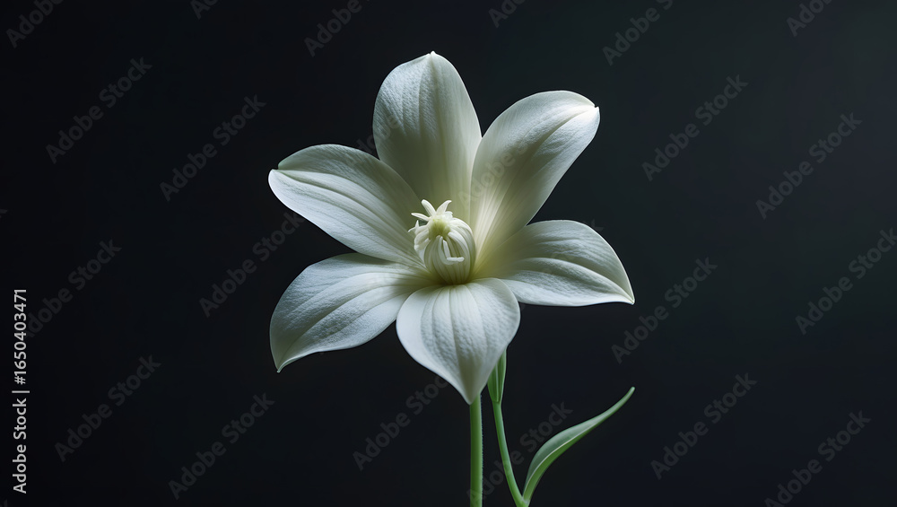Naklejka premium Cinematic photo of a solitary delicate white flower with intricate petals and subtle texture against a deep black background, captured with shallow depth for softness, evoking serenity, depth, and sim