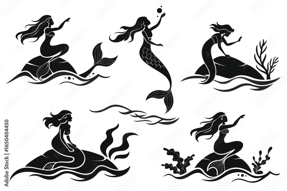 Naklejka premium Mermaid silhouettes, mermaid vector for fantasy designs, ocean themed artwork, elegant mermaid poses. Ideal for tattoos, marine life illustrations, aquatic themes 