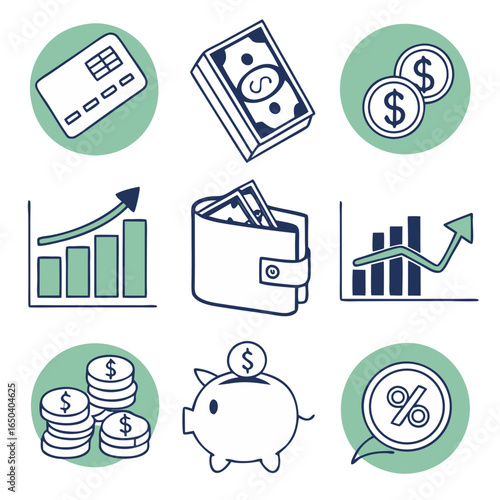 Financial Symbols Set: A collection of business and financial symbols, including money, credit card, charts, and savings, illustrating various aspects of finance, investment, and banking.