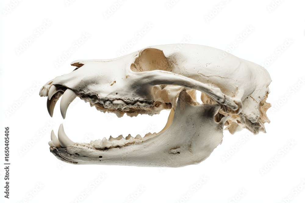 Naklejka premium Dog skull and jaw with detailed features isolated on a white background showcasing unique anatomical characteristics