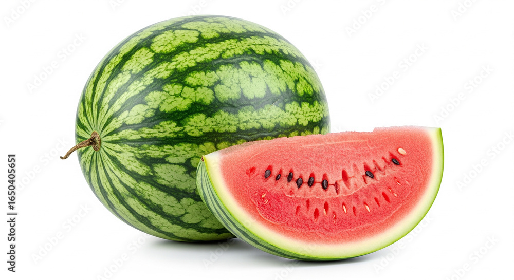 Whole fresh watermelon and a slice with juicy red flesh on an isolated transparent background, healthy fruit. Whole fresh watermelon and a slice with juicy red flesh on an isolated transparent background, healthy fruit.