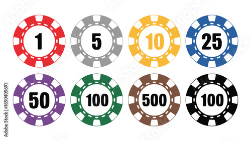Assorted Casino Chips Red One, Gray Five, Gold Ten, and Higher Denominations Illustration