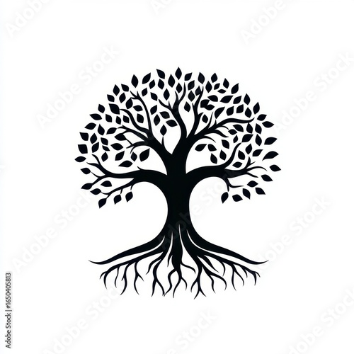 Silhouette Of A Tree With Roots On White Background