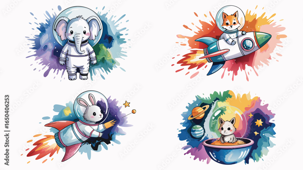Fototapeta premium Cartoon Astronaut Animals Collection Elephant, Fox, Rabbit, and Cat in Space Adventures