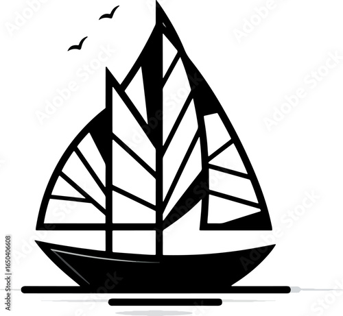 Simple black and white chinese junk illustration