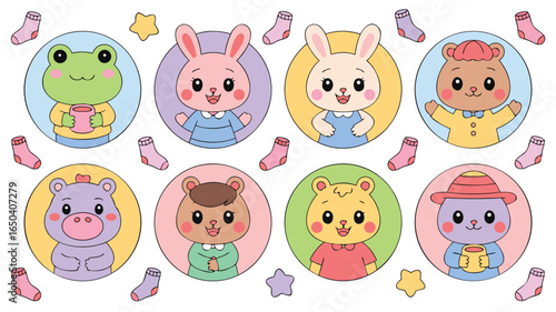 Cute Animal Character Set Featuring Bears, Rabbits, Hippopotamus, and Frog With Accessories Illustration