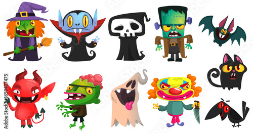 Cartoon set of Halloween characters design. Vector mummy zombie vampire ghost grim reaper devil werewolf witch pumpkin head. For party decoration or package design