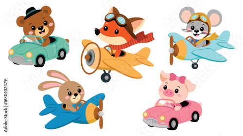 Cute Cartoon Animals Flying Airplanes and Driving Cars Bear, Fox, Mouse, Bunny, and Pig