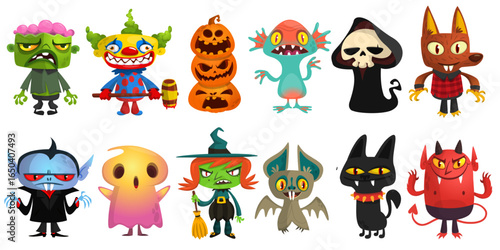 Cartoon set of Halloween characters design. Vector mummy zombie vampire ghost grim reaper devil werewolf witch pumpkin head. For party decoration or package design