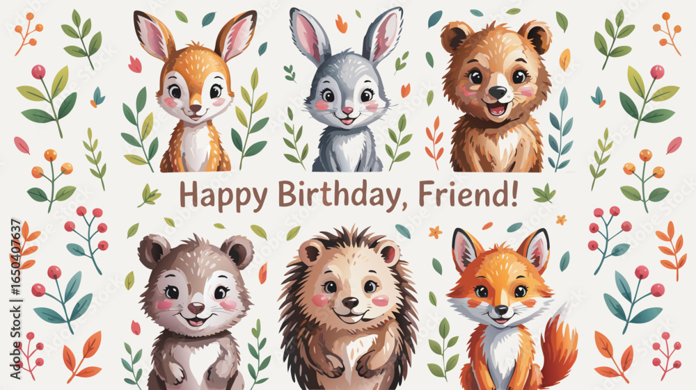 Obraz premium Cute Cartoon Animals Wish Happy Birthday Friend Among Leaves and Berries on Cream Background