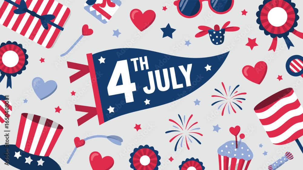 Obraz premium Fourth of July Celebration Patriotic Icons, Stars, Hearts, and Festive Decorations Illustration