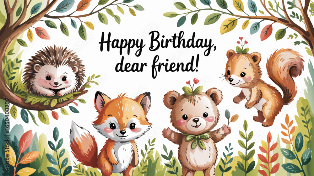 Fototapeta premium Happy Birthday Dear Friend Woodland Animals Illustration Hedgehog, Squirrel, Fox, and Bear Watercolor Art
