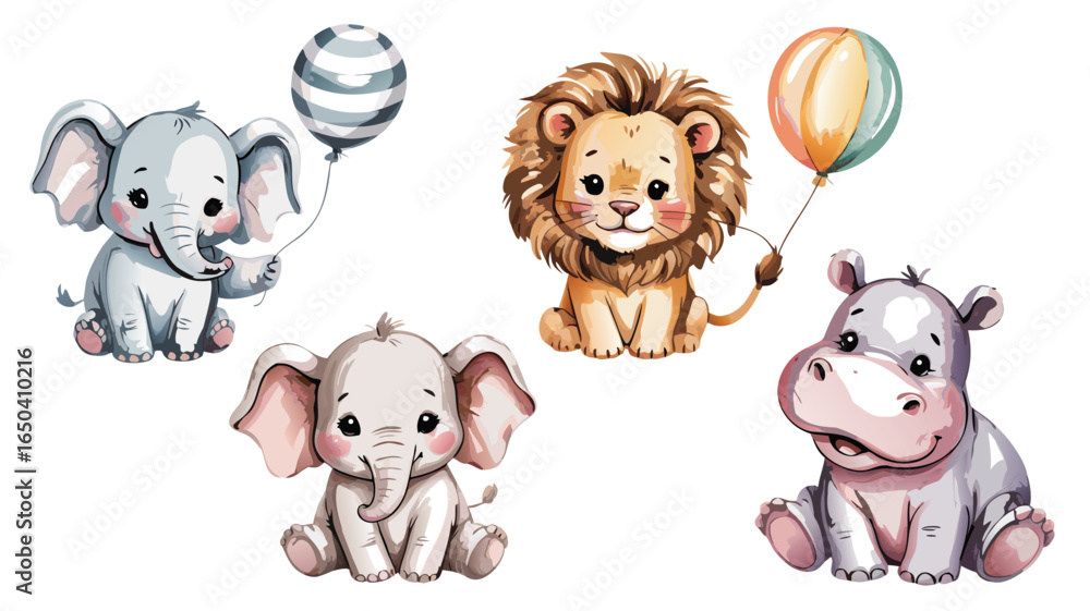 Obraz premium Watercolor Illustration of Baby Animals Elephants, Lion, and Hippo with Balloons Isolated on White