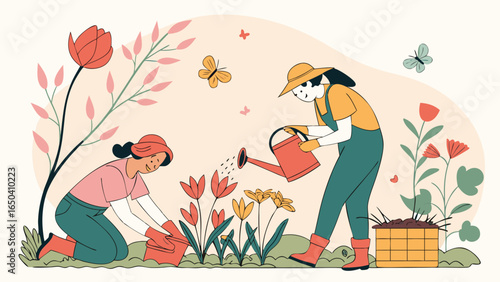Two women gardening together, spring flowers, cheerful illustration, minimalist style, vibrant colors, teamwork, planting, nature, happy mood.
